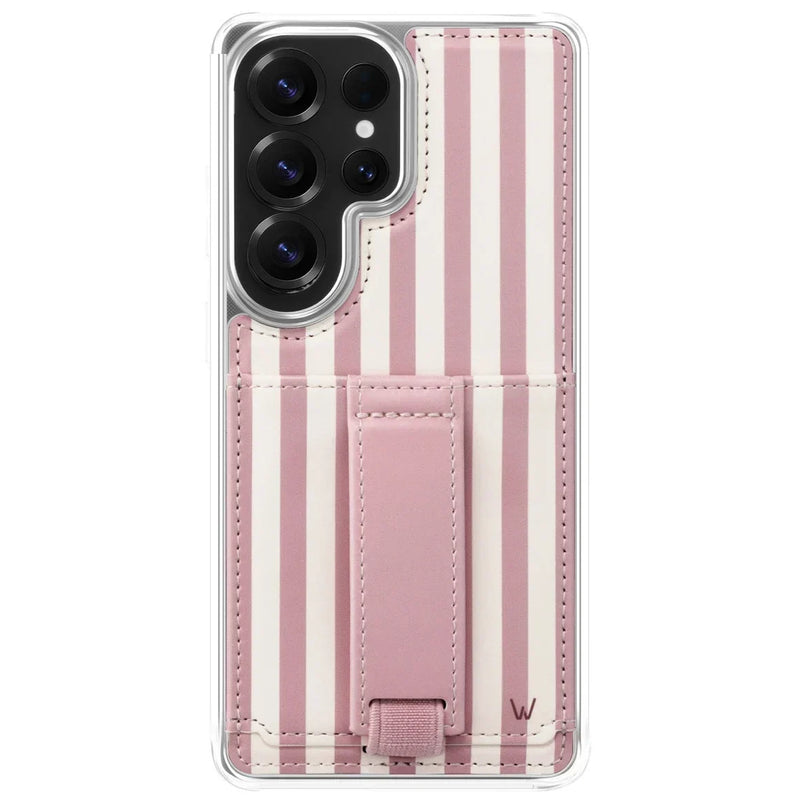 Walli pink-and-white striped Galaxy Ultra phone case with a built-in card holder, finger strap, and kickstand.