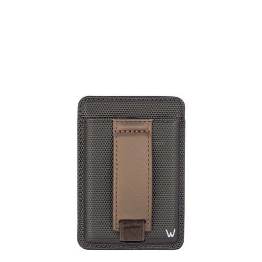Brown Elite Magnetic Wallet with vegan leather finish, MagSafe compatibility, card holder, and adjustable finger strap
