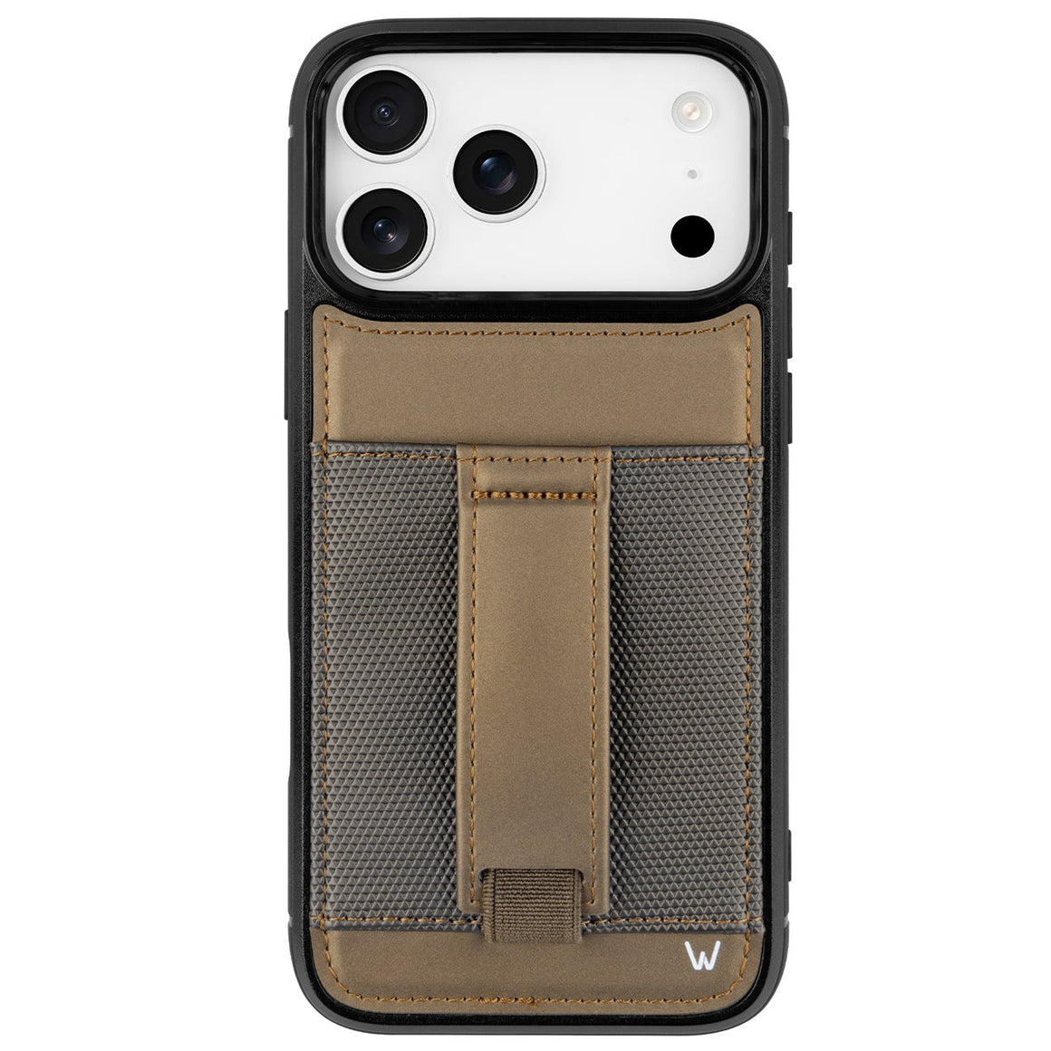 Brown Elite Original Case featuring premium vegan leather, built-in card holder, finger strap, and kickstand