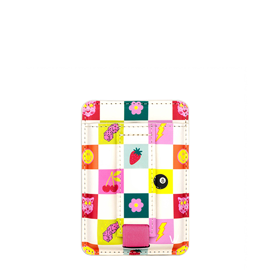 Good Vibes Only Magnetic Wallet featuring a colorful design with MagSafe compatibility and integrated finger strap