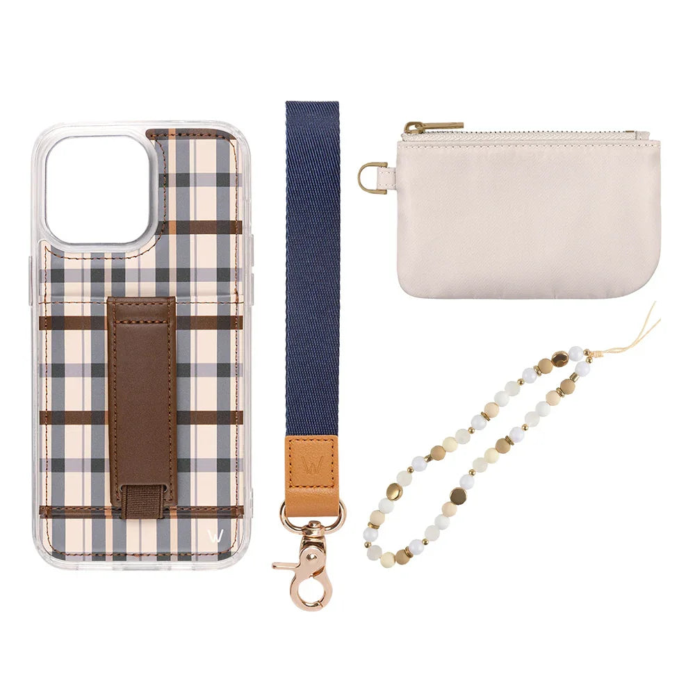 Ivy League hands-free phone case with integrated wallet, finger strap, and kickstand
