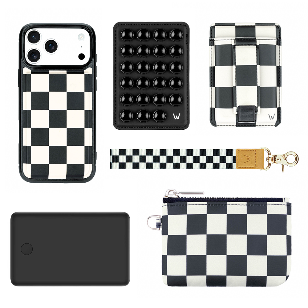 Check Please Walli Boost Bundle with magnetic phone case, wallet, power charger, suction plate, wrist lanyard, and zipper pouch