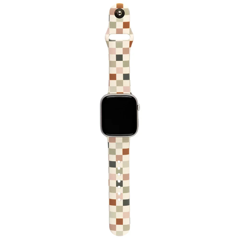Coastal Check Apple Watch band with a blue and white checkered pattern on a durable silicone strap.